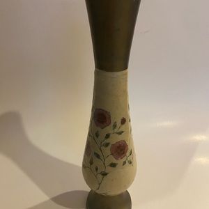 Vintage Cloisonné Vase Brass Made in India Red Flowers 11.5